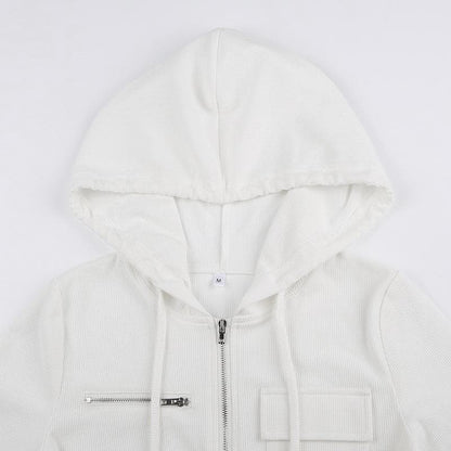 Ribbed solid zip-up hoodie long sleeve crop top