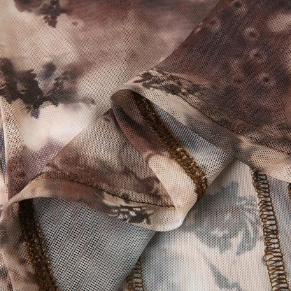 Short sleeve tie dye button sheer mesh top