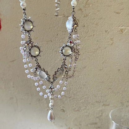 Faux pearl layered rhinestone choker necklace