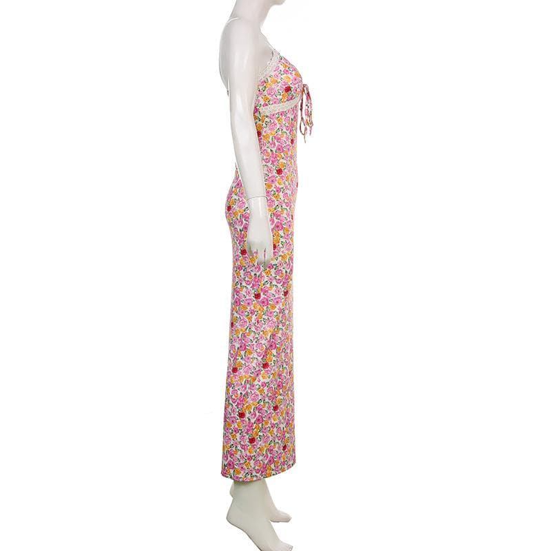 Floral Print V Neck Keyhole Tie Lace Trim Spaghetti Strap Cami Maxi Dress