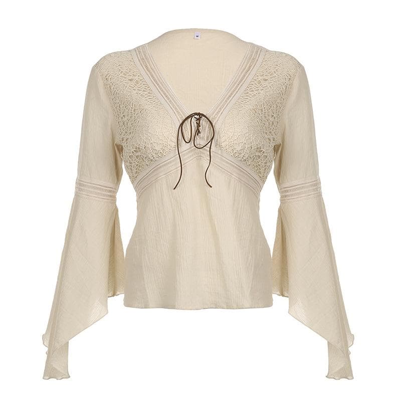 Textured v neck flared sleeve self tie top
