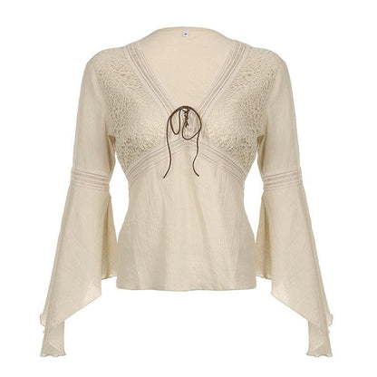 Textured v neck flared sleeve self tie top