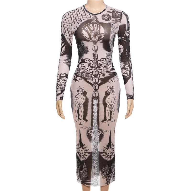 Sheer mesh abstract contrast see through long sleeve maxi dress
