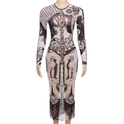 Sheer mesh abstract contrast see through long sleeve maxi dress