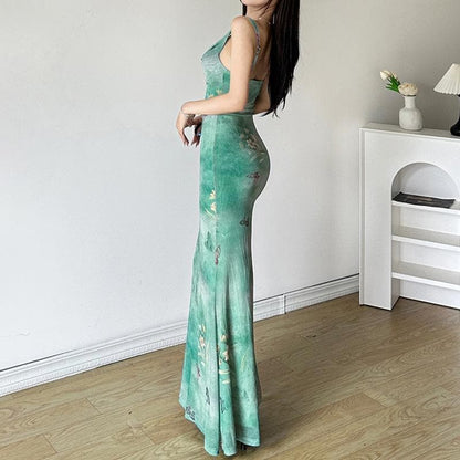 Cowl neck mesh butterfly print ruched cami maxi dress