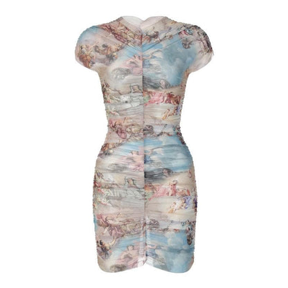 Sheer mesh see through abstract ruched short sleeve contrast mini dress