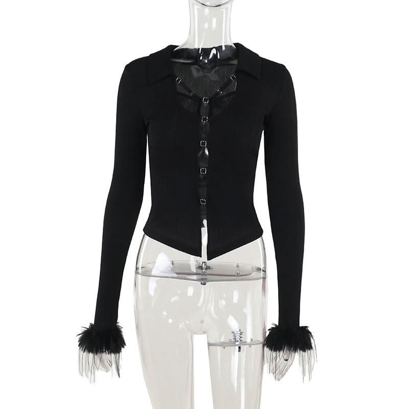 Turnover collar long sleeve fluffy button knitted top