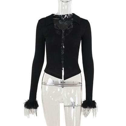 Turnover collar long sleeve fluffy button knitted top