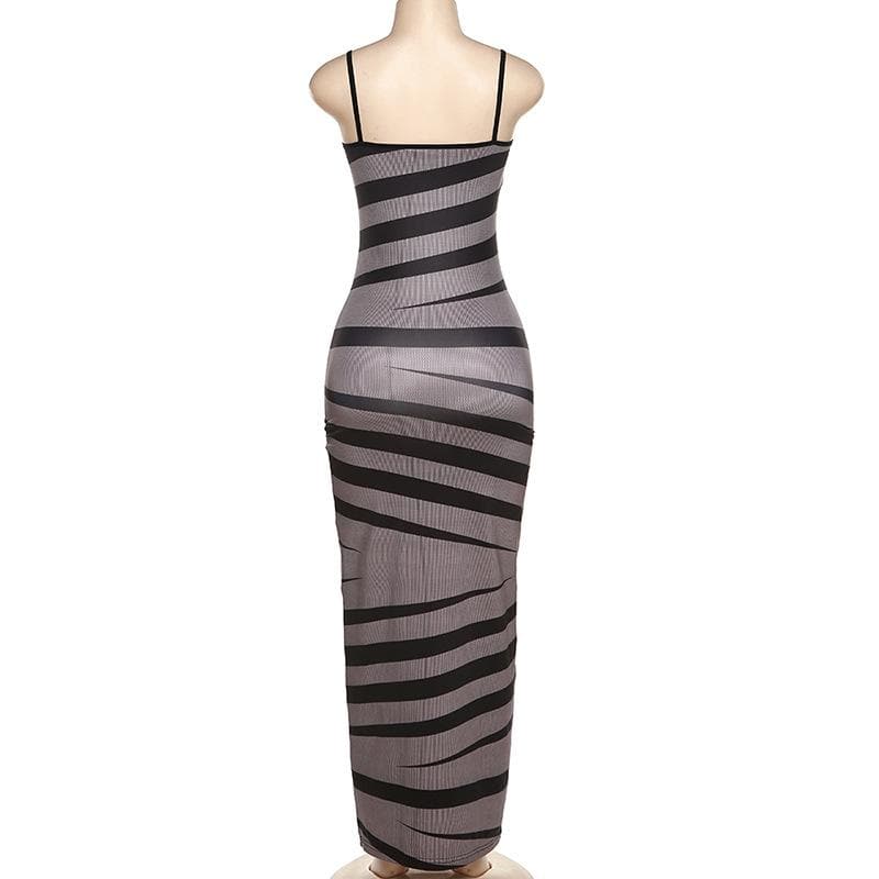 Spaghetti Strap Horizontal Stripe Ribbed Panel Bodycon Maxi Dress