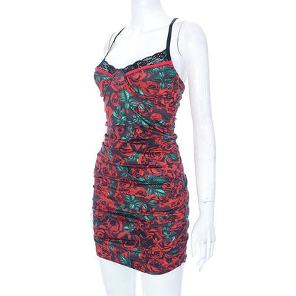 Floral Print Sweetheart Lace Trim Ruched Bodycon Cami Mini Dress