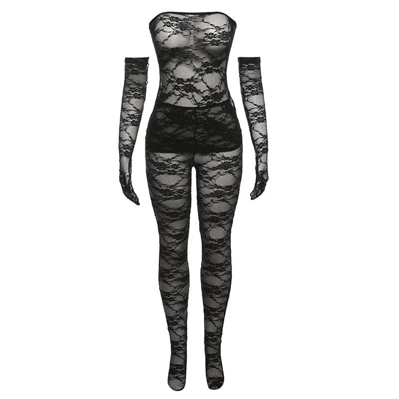 Lace see through gloves solid backless tube pant set-final-sale
