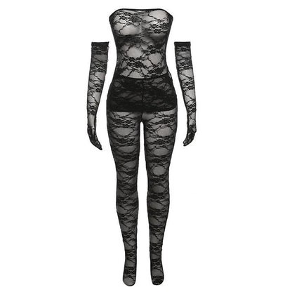 Lace see through gloves solid backless tube pant set-final-sale