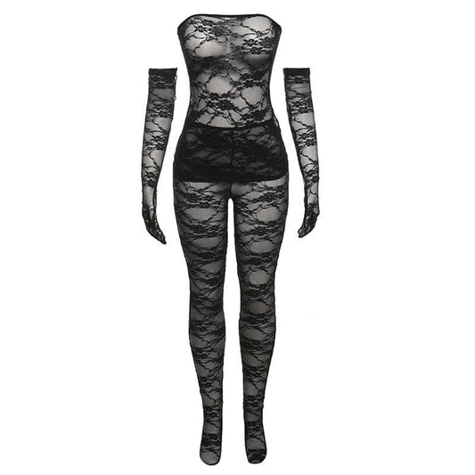 Lace see through gloves solid backless tube pant set-final-sale