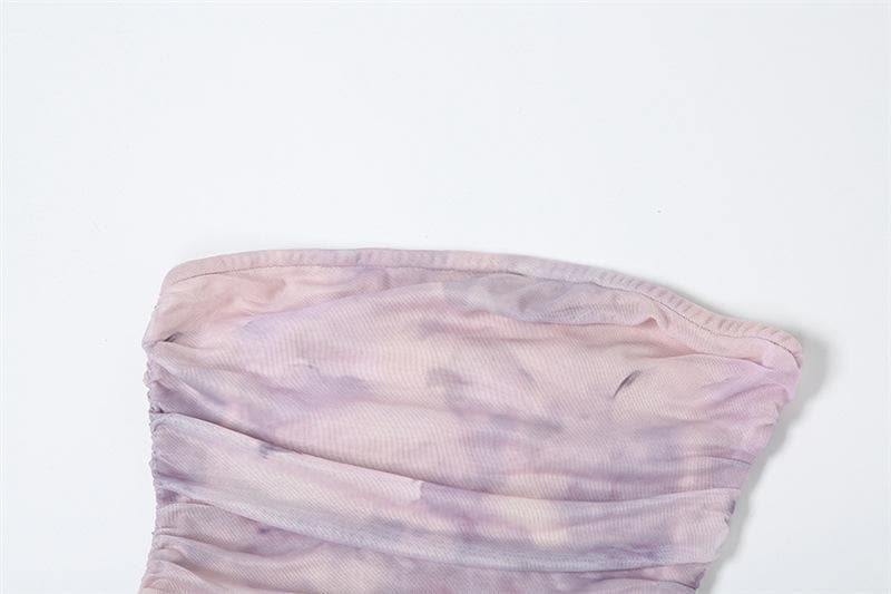 Tie dye ruched ruffle tube midi dress