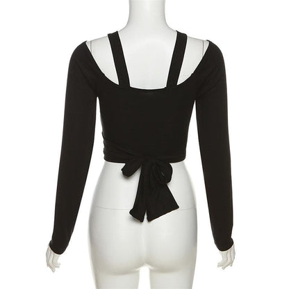 Long sleeve self tie bowknot hollow out solid crop cut out top