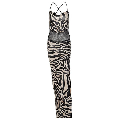 Zebra print hollow out contrast cross back slit backless cut out maxi dress