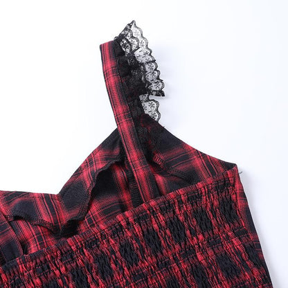 Lace hem ruffle lace up plaid smocked backless mini skirt set
