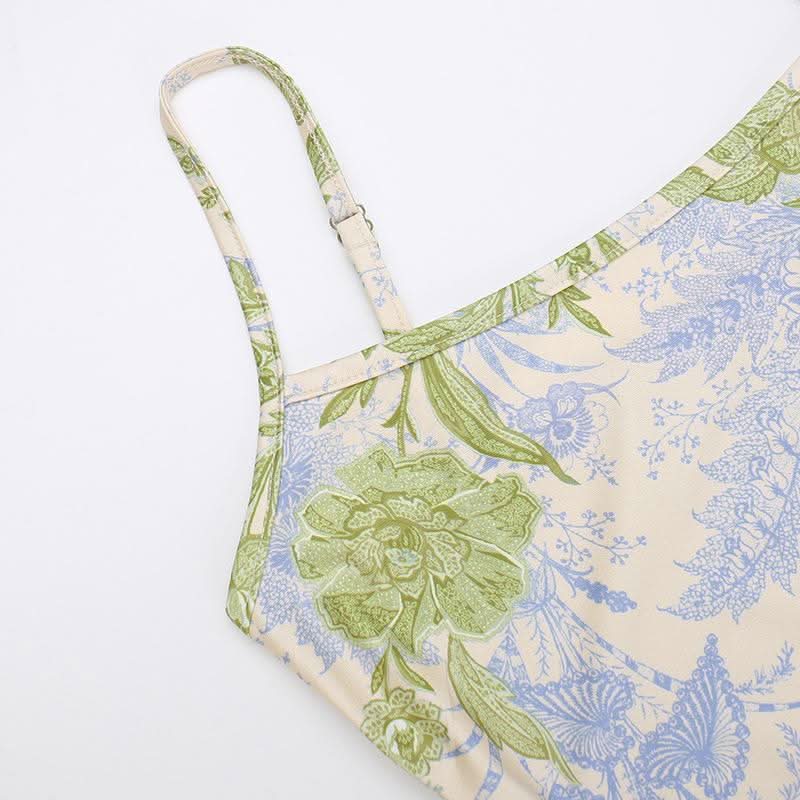 U neck flower print contrast cami maxi dress