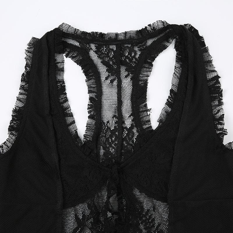 U neck lace ruffle hollow out tank cut out top