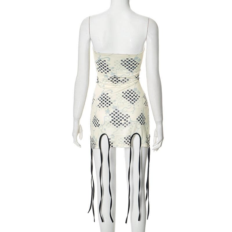 Print tassels slit tube mini dress