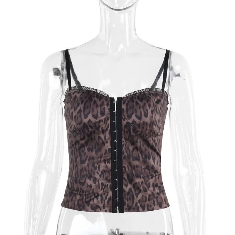 V neck leopard print ruffle backless cami top