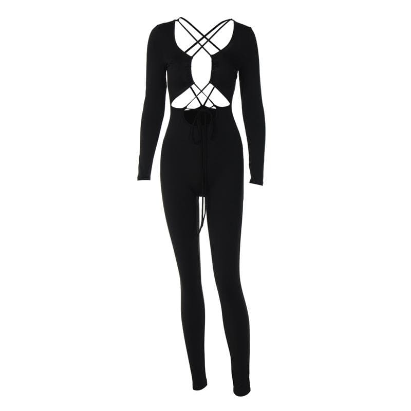 Cross front long sleeve hollow out lace up solid jumpsuit - Final Sale