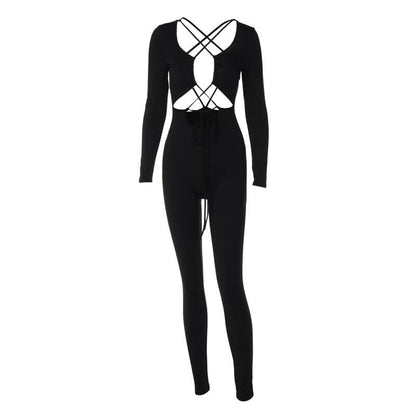 Cross front long sleeve hollow out lace up solid jumpsuit - Final Sale