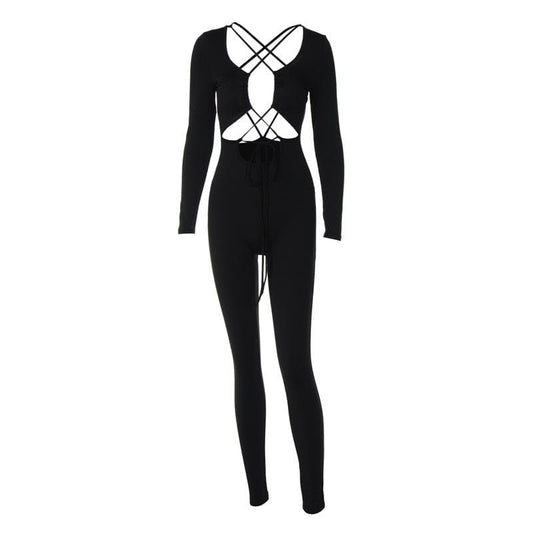 Cross front long sleeve hollow out lace up solid jumpsuit - Final Sale