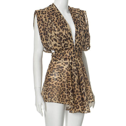 Halter deep v neck leopard print chiffon see through mini dress