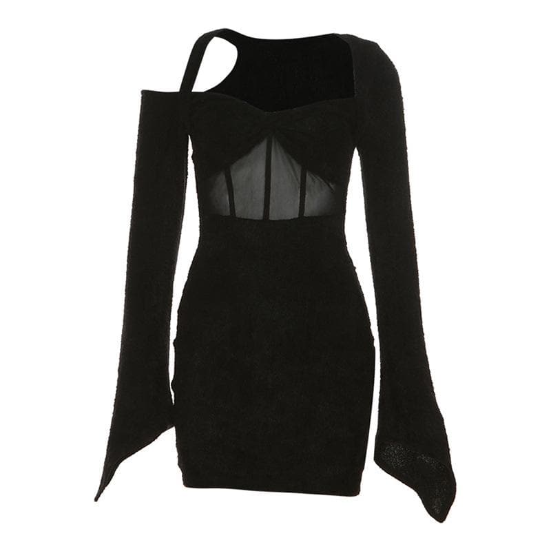 Fuzzy Cold Shoulder Corset Mesh Panel Bell Sleeve Mini Dress