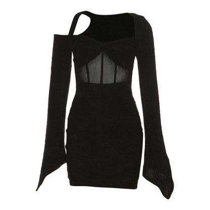 Fuzzy Cold Shoulder Corset Mesh Panel Bell Sleeve Mini Dress