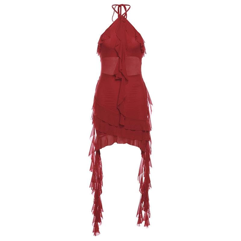 Halter sheer mesh ruffle backless mini dress