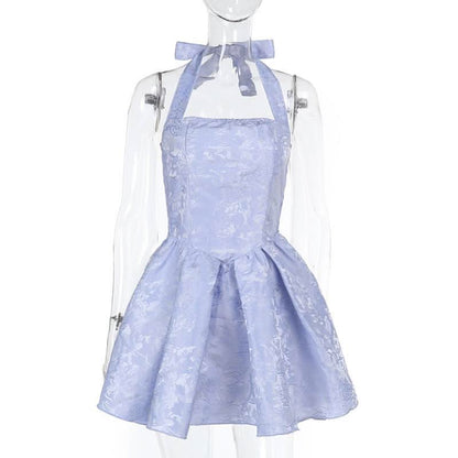 Halter smocked ruched square neck print mini dress
