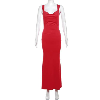 Cowl neck bowknot backless solid cami maxi dress-final-sale