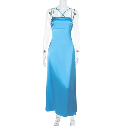 Cross back self tie ruched satin square neck maxi dress