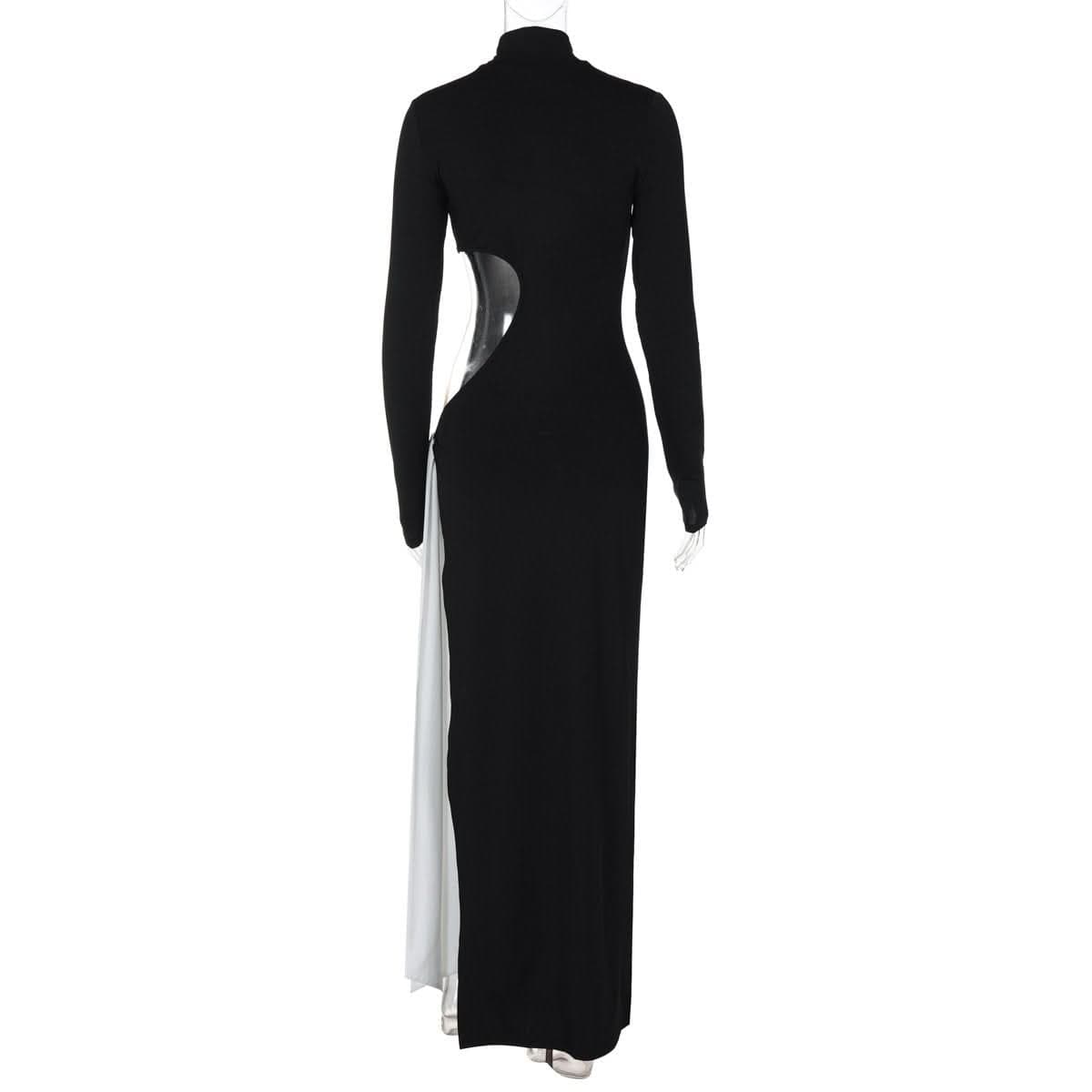 High neck long sleeve hollow out slit knotted cut out maxi dress-final-sale