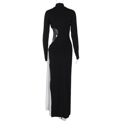 High neck long sleeve hollow out slit knotted cut out maxi dress-final-sale