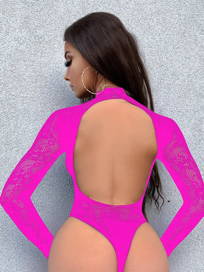 Long sleeve high neck backless lace fishnet bodysuit