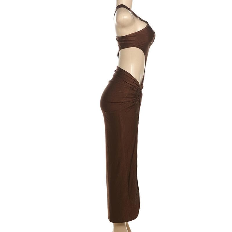 One shoulder hollow out ruched high slit cut out midi dress