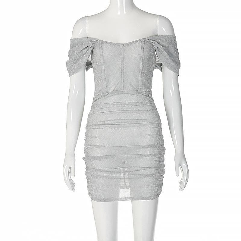 Off Shoulder Corset Sparkle Ruched Puff Sleeve Bodycon Mini Dress