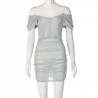 Off Shoulder Corset Sparkle Ruched Puff Sleeve Bodycon Mini Dress