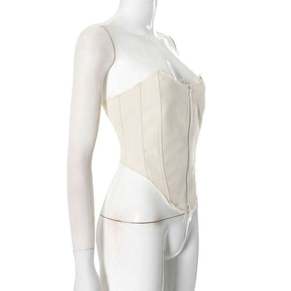 Zip-up backless corset raw hem tube top
