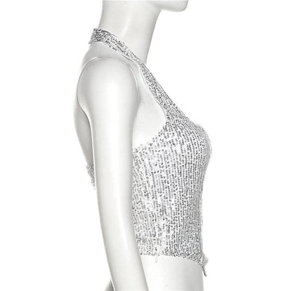 Beaded halter zip-up backless solid sleeveless crop top-final-sale