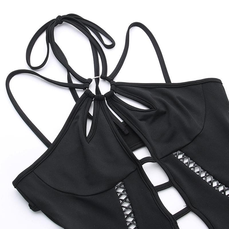 Lace up hollow out halter o ring backless solid jumpsuit
