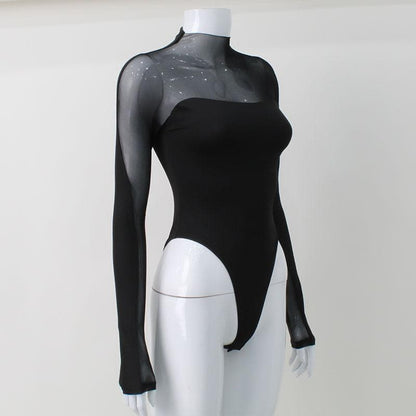 Long sleeve high neck mesh patchwork bodysuit