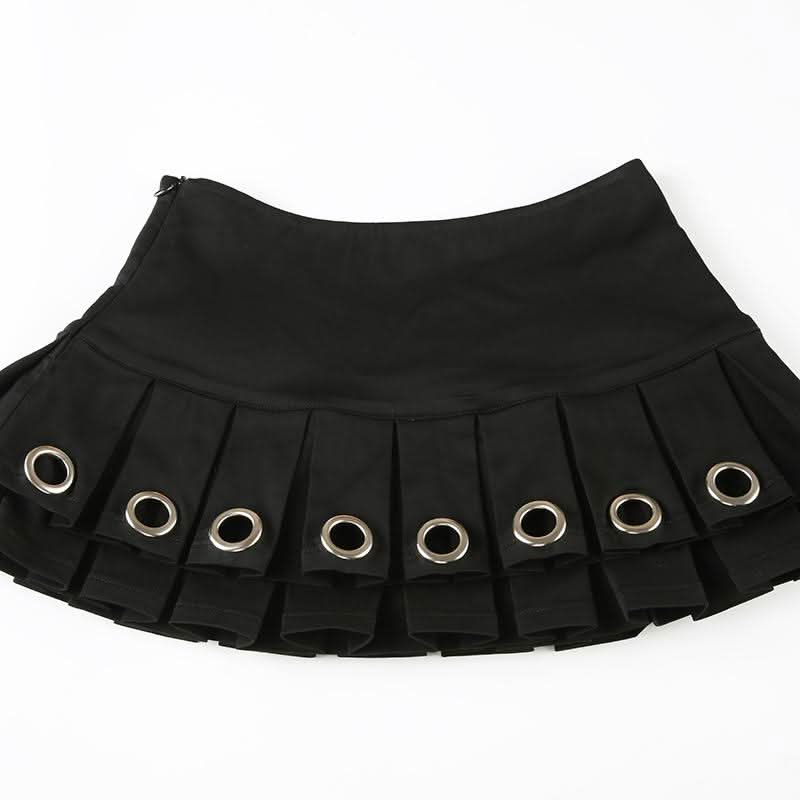 Pleated metal ring zip-up mini skirt