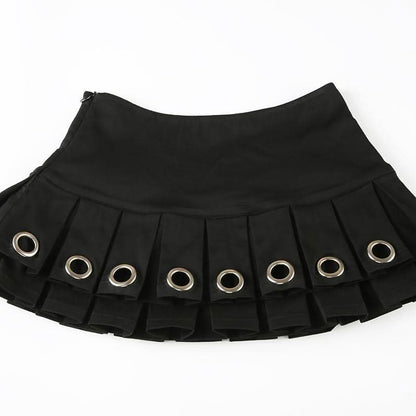 Pleated metal ring zip-up mini skirt