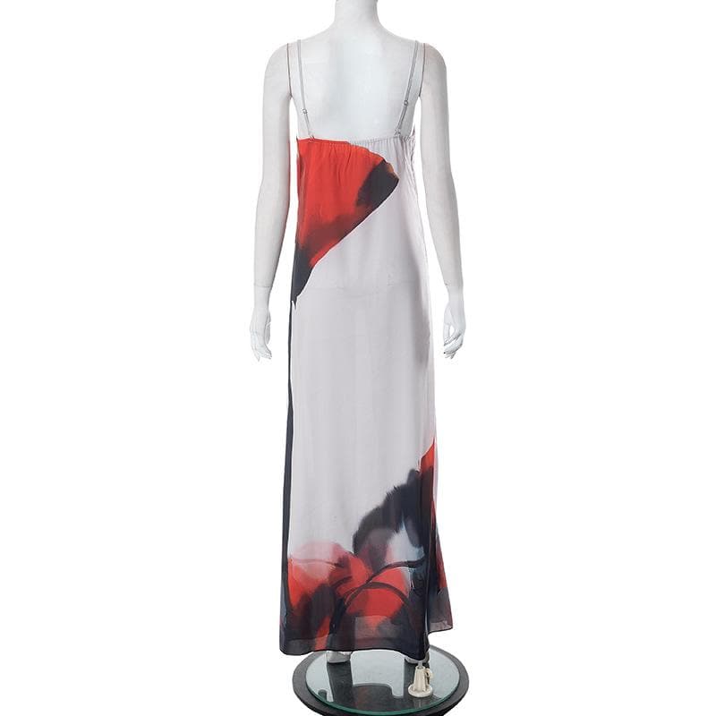 Abstract Ink Wash Floral Square Neck Spaghetti Strap Maxi Dress