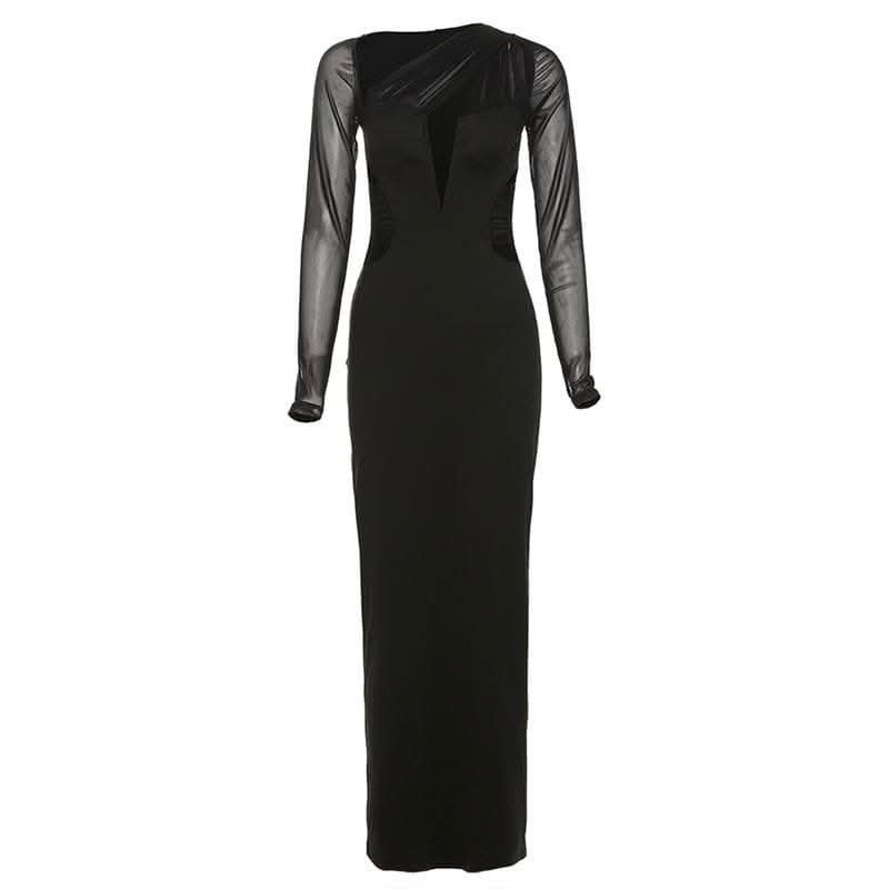 Long sleeve mesh irregular patchwork slit maxi dress-final-sale