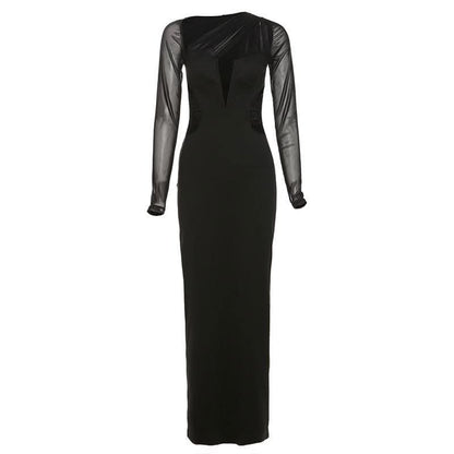 Long sleeve mesh irregular patchwork slit maxi dress-final-sale